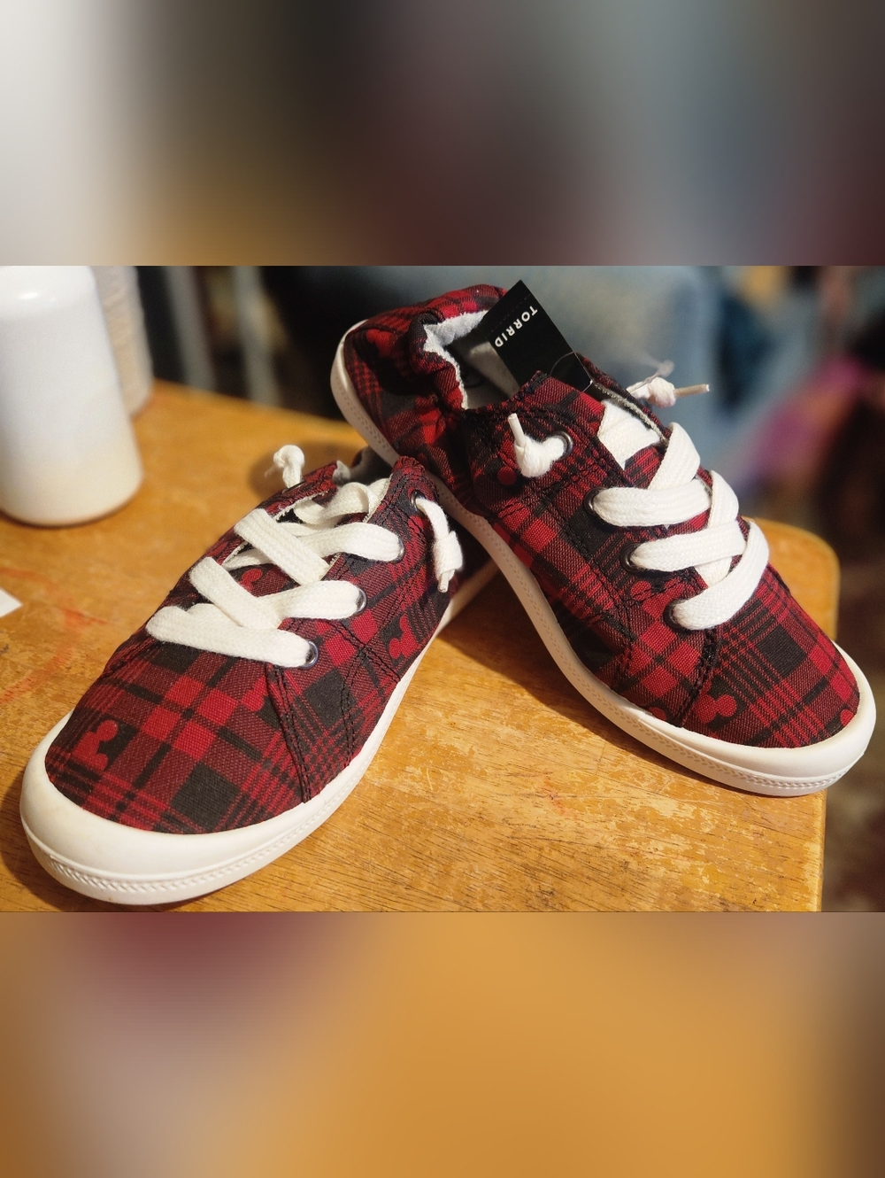 torrid Disney Mickey Mouse silhouette.  Red Plaid Sneakers size6WW NWT